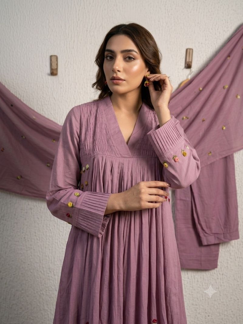 Amrah Naisha K 1093 Mul Cotton Hand Work Anarkali Kurti Pant Dupatta Set