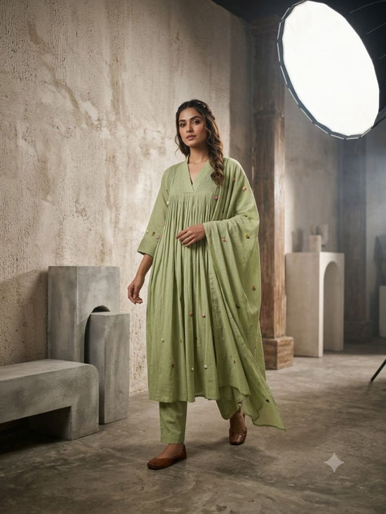 Amrah Naisha K 1093 Mul Cotton Hand Work Anarkali Kurti Pant Dupatta Set