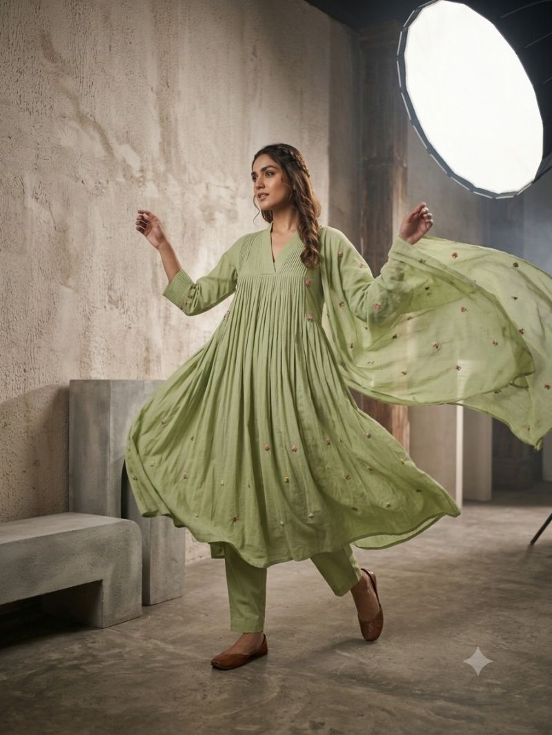 Amrah Naisha K 1093 Mul Cotton Hand Work Anarkali Kurti Pant Dupatta Set
