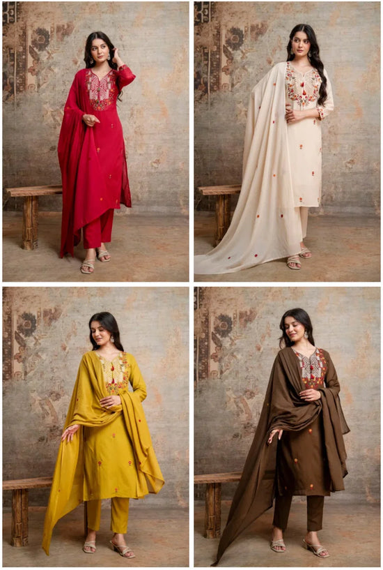 Amrah Wholesale Naisha K 1129 Cotton Silk Embroidered Kurti Pant Dupatta Set