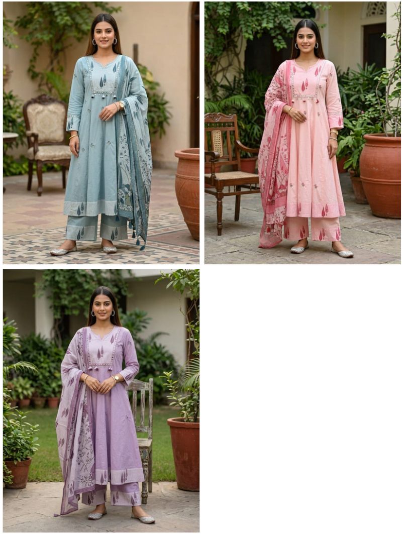 Amrah Wholesale Naisha K 1131 Mul Cotton Embroidered Kurti Pant Dupatta Set