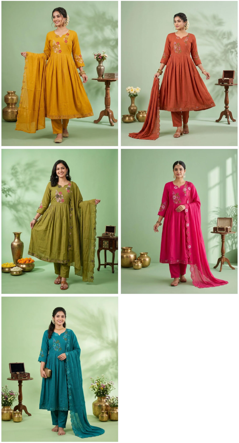 Amrah Wholesale Naisha K 1133 Mul Chanderi Jarkan Work Kurti Pant Dupatta Set