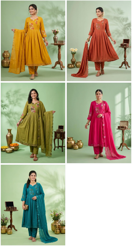 Amrah Wholesale Naisha K 1133 Mul Chanderi Jarkan Work Kurti Pant Dupatta Set