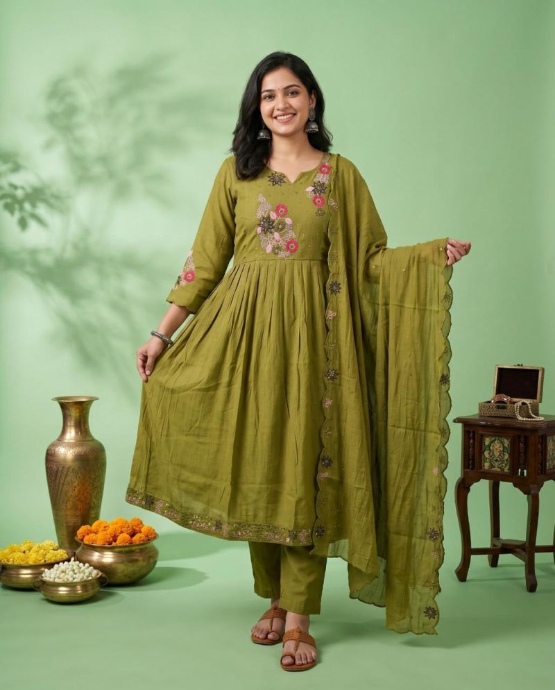 Amrah Wholesale Naisha K 1133 Mul Chanderi Jarkan Work Kurti Pant Dupatta Set