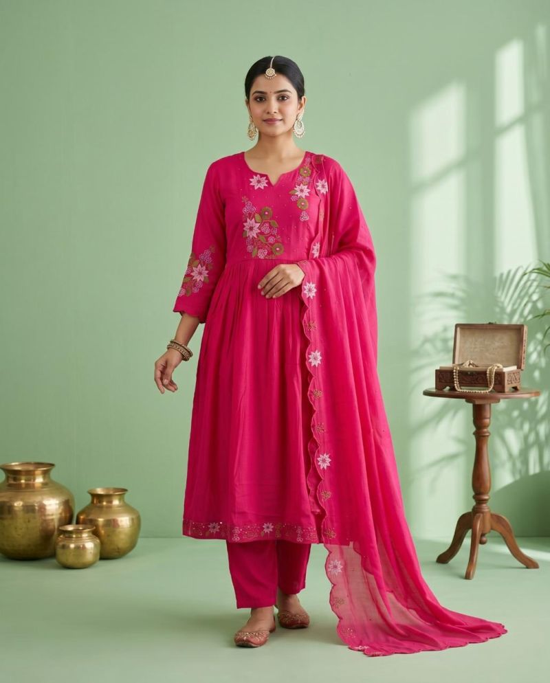 Amrah Wholesale Naisha K 1133 Mul Chanderi Jarkan Work Kurti Pant Dupatta Set