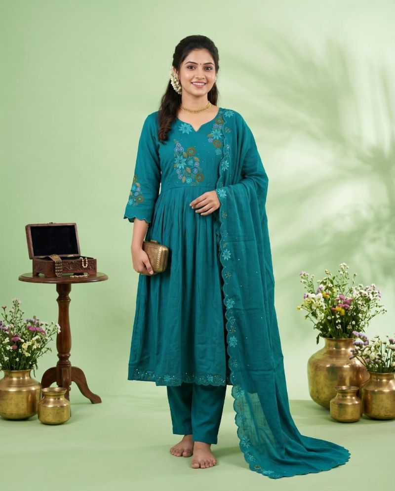 Amrah Wholesale Naisha K 1133 Mul Chanderi Jarkan Work Kurti Pant Dupatta Set