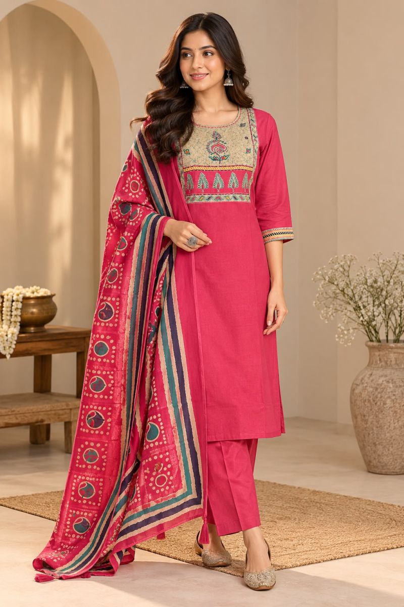 Amrah Naisha K 1411 Dhabu Cotton Kurti Pant Dupatta Set