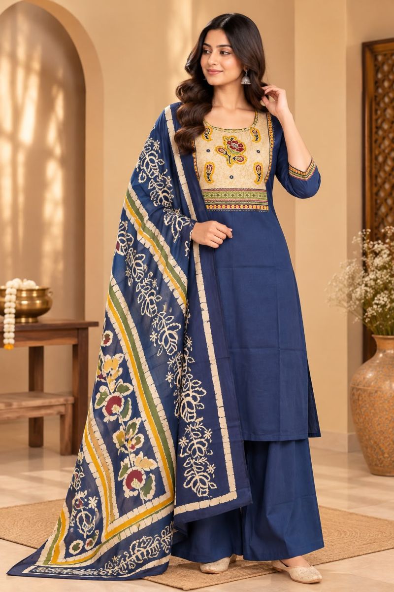 Amrah Naisha K 1411 Dhabu Cotton Kurti Pant Dupatta Set