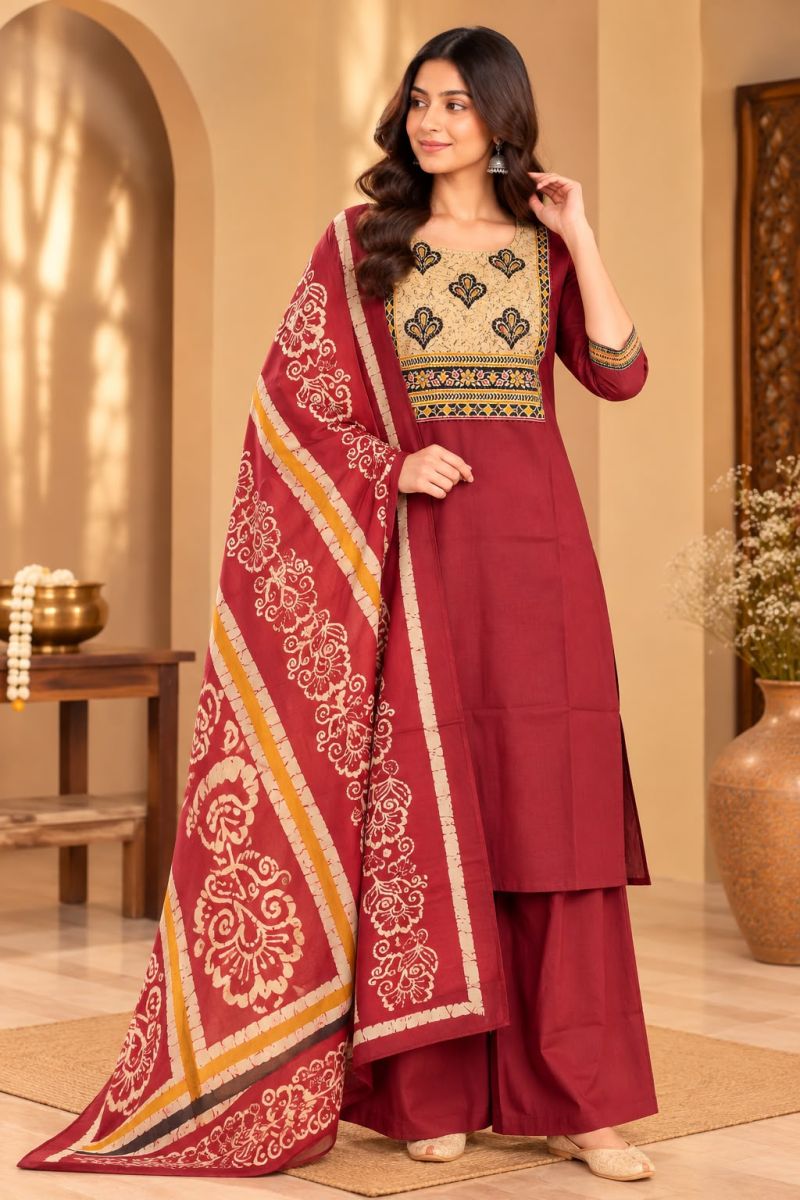 Amrah Naisha K 1411 Dhabu Cotton Kurti Pant Dupatta Set