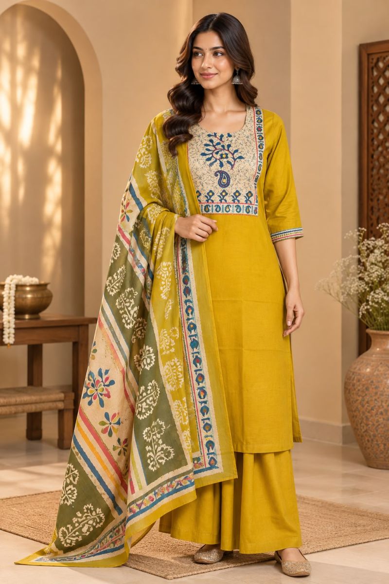 Amrah Naisha K 1411 Dhabu Cotton Kurti Pant Dupatta Set