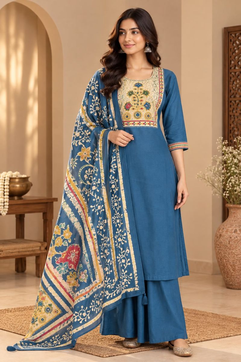 Amrah Naisha K 1411 Dhabu Cotton Kurti Pant Dupatta Set
