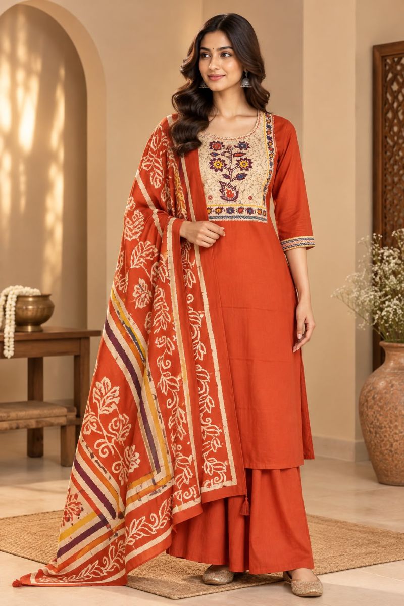 Amrah Naisha K 1411 Dhabu Cotton Kurti Pant Dupatta Set