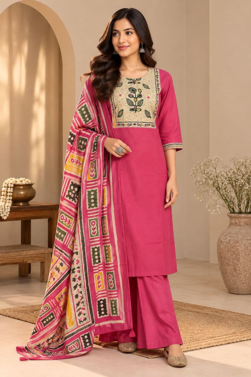 Amrah Naisha K 1411 Dhabu Cotton Kurti Pant Dupatta Set