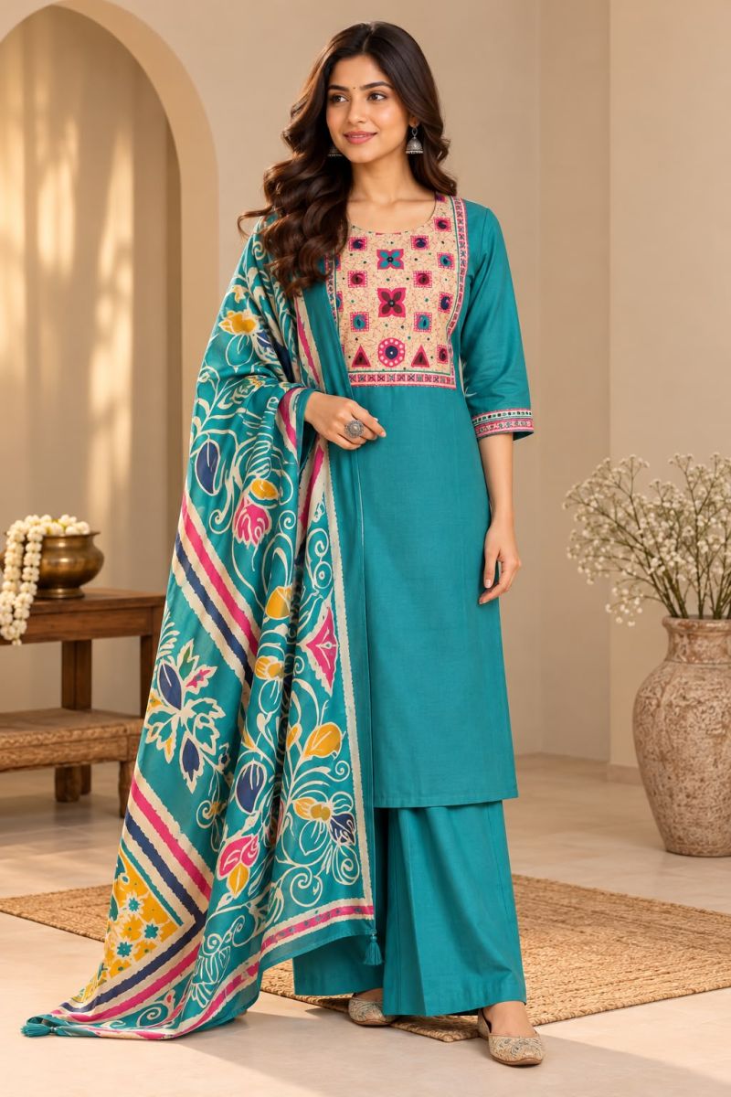 Amrah Naisha K 1411 Dhabu Cotton Kurti Pant Dupatta Set