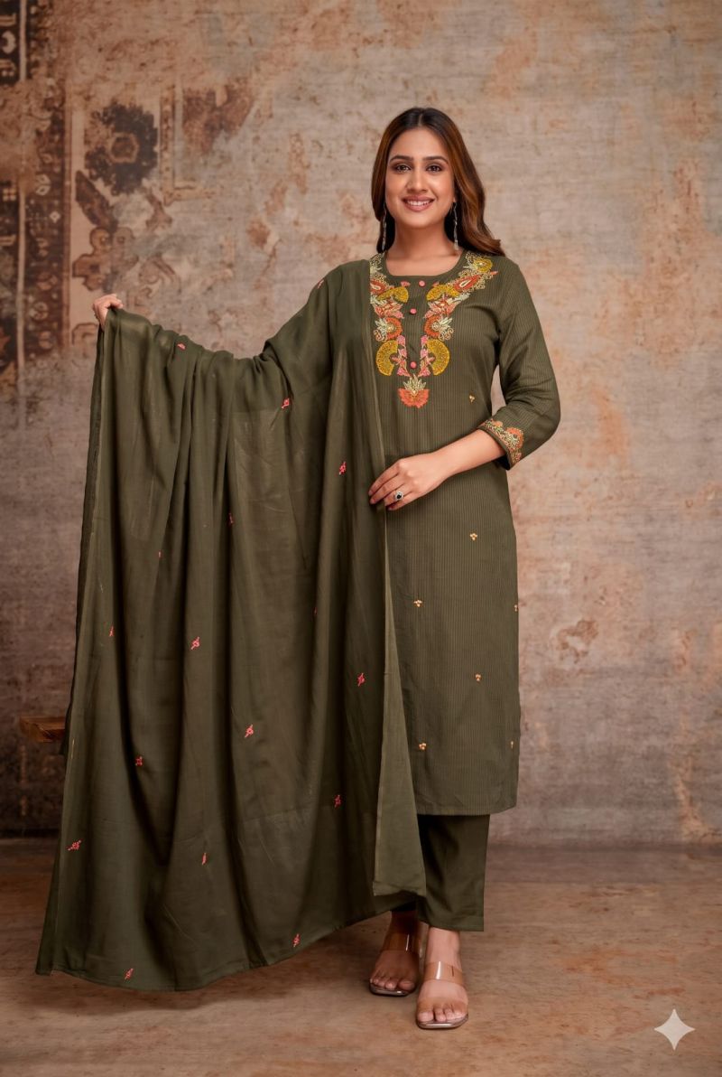 Amrah Naisha K 1467 Cotton Silk Thread Embroidered Kurti Pant Dupatta Set