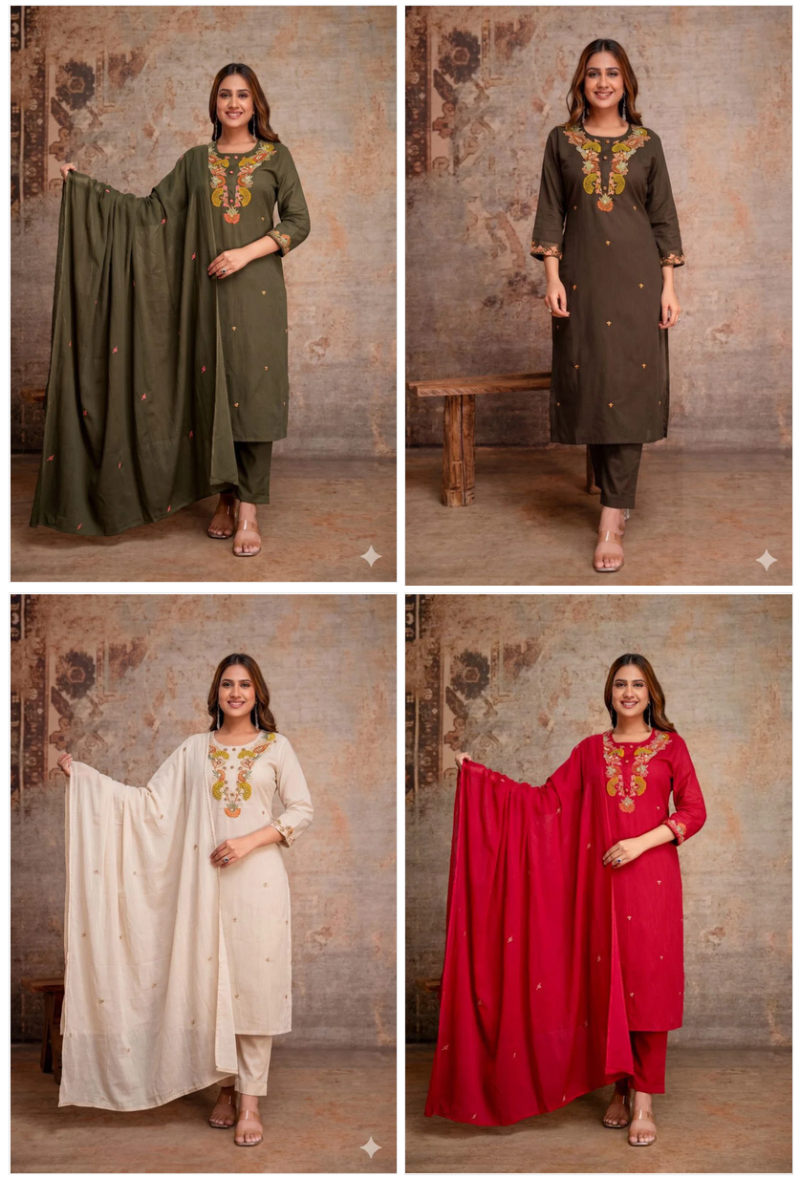 Amrah Naisha K 1467 Cotton Silk Thread Embroidered Kurti Pant Dupatta Set