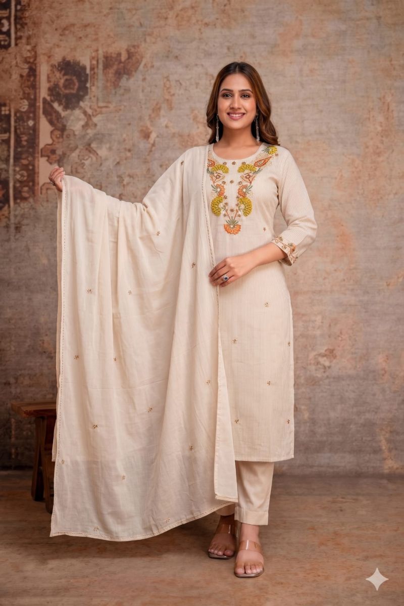 Amrah Naisha K 1467 Cotton Silk Thread Embroidered Kurti Pant Dupatta Set