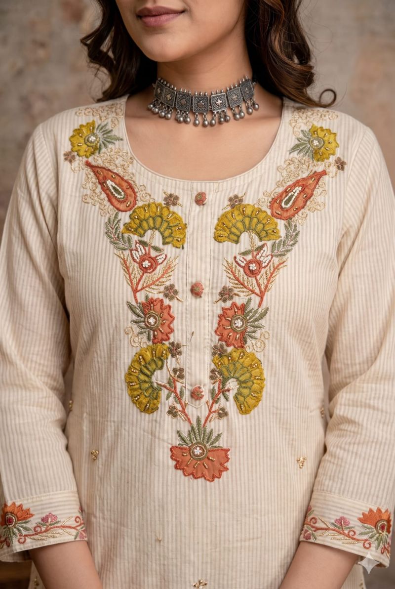 Amrah Naisha K 1467 Cotton Silk Thread Embroidered Kurti Pant Dupatta Set