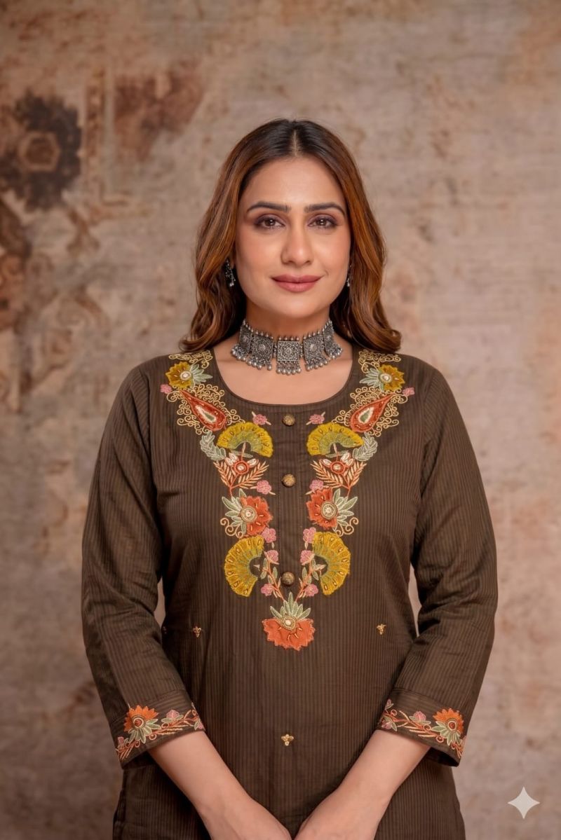 Amrah Naisha K 1467 Cotton Silk Thread Embroidered Kurti Pant Dupatta Set