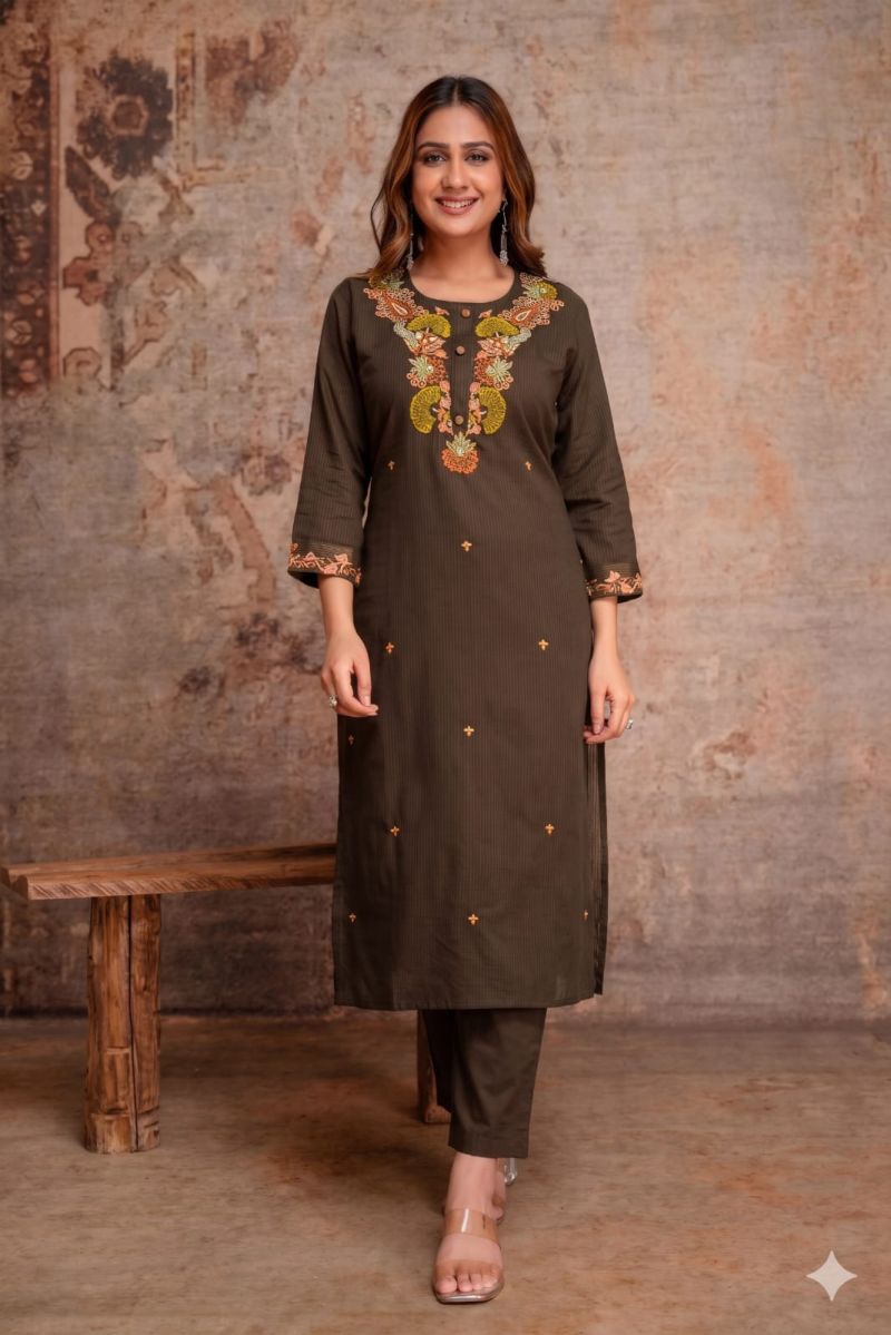 Amrah Naisha K 1467 Cotton Silk Thread Embroidered Kurti Pant Dupatta Set