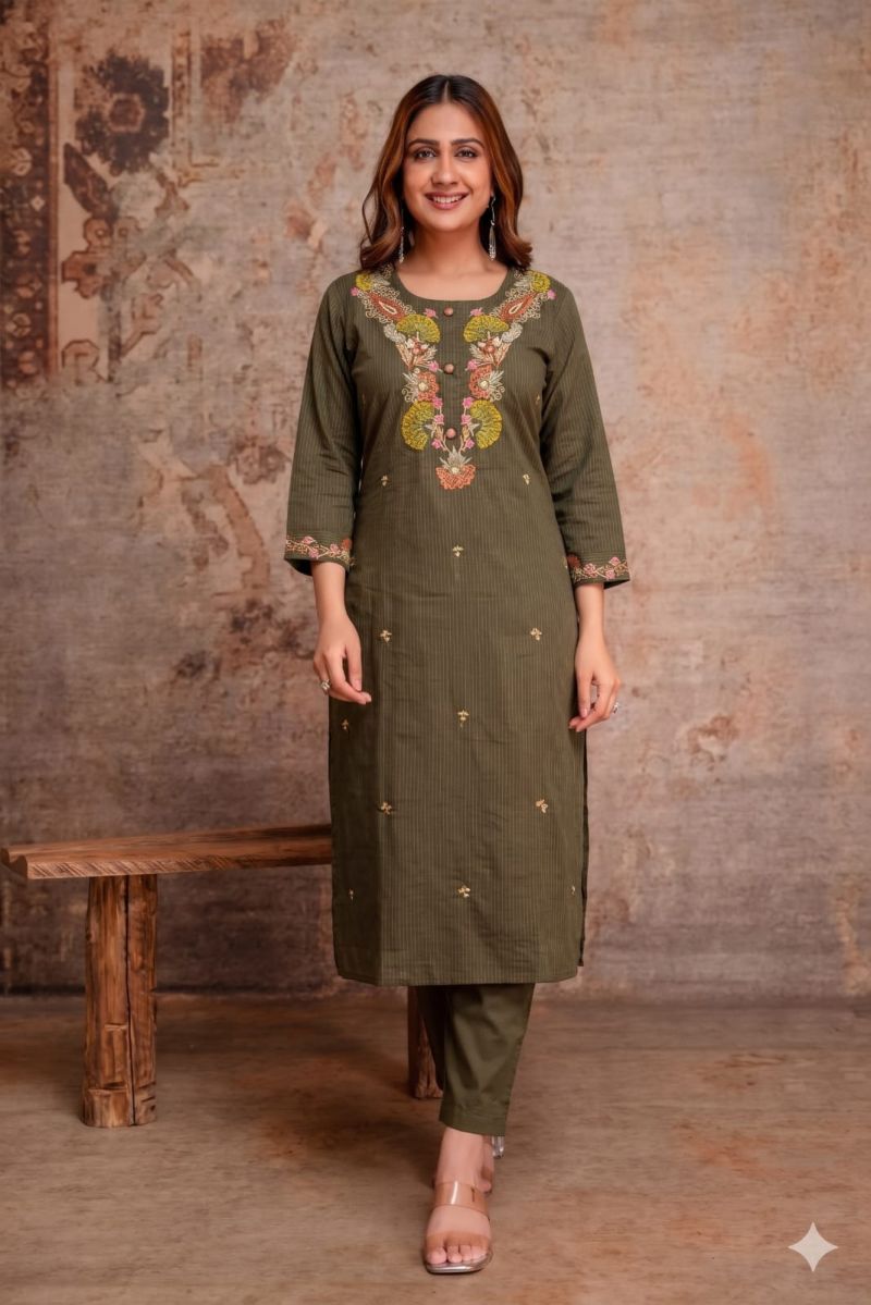 Amrah Naisha K 1467 Cotton Silk Thread Embroidered Kurti Pant Dupatta Set