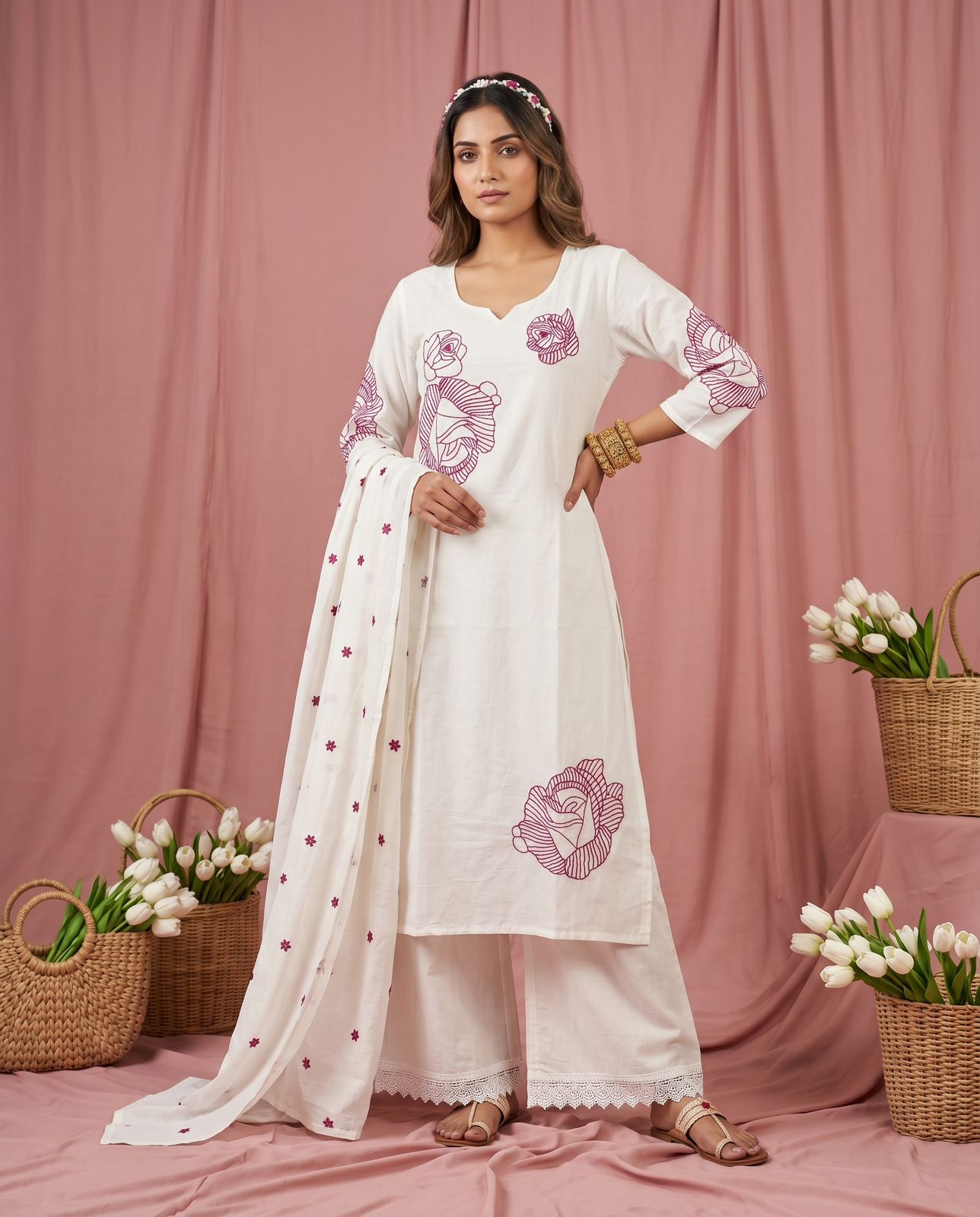 Amrah Naisha K 914 Mal Cotton Kurti Pant Dupatta Set