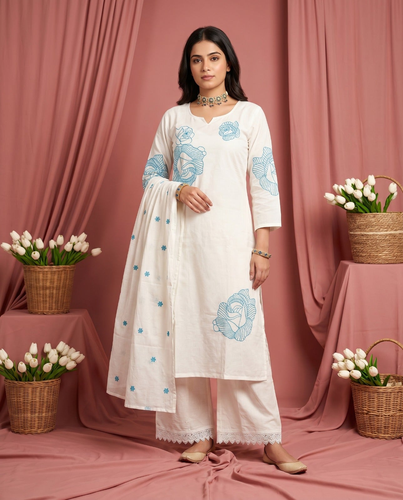 Amrah Naisha K 914 Mal Cotton Kurti Pant Dupatta Set