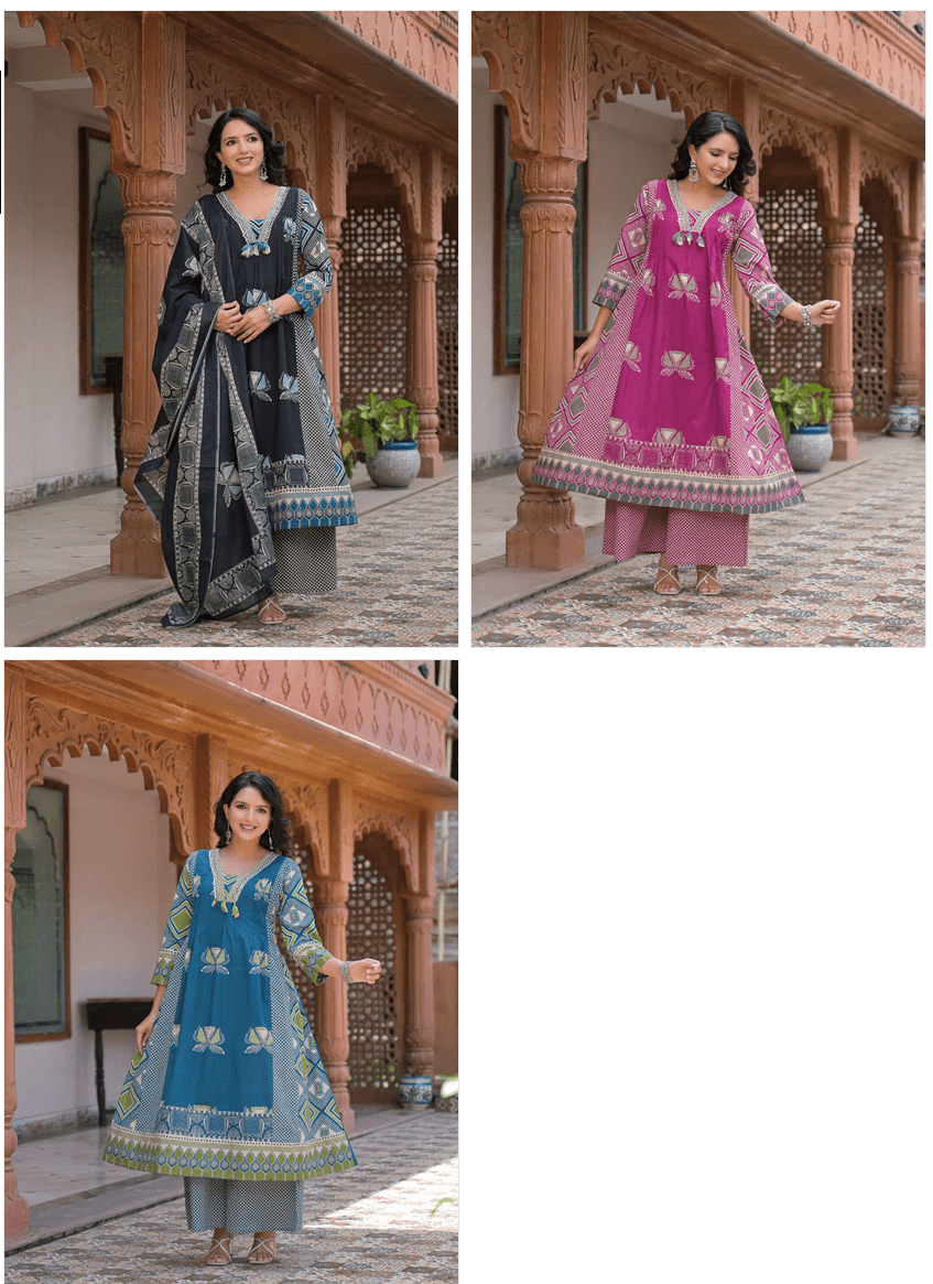 Amrah Naisha K 942 Pure Cotton Kurti Pant Dupatta Set - Amrah Wholesale