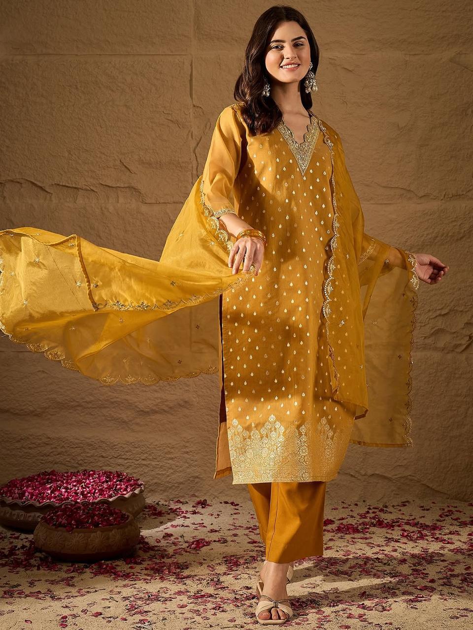 Amrah Navya Kurti 243 Jacquard Kurti Pant Dupatta Set - Amrah Wholesale
