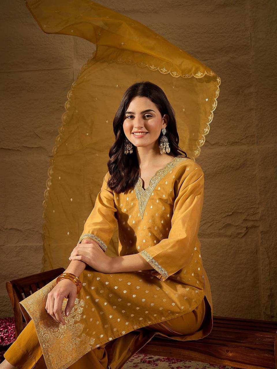 Amrah Navya Kurti 243 Jacquard Kurti Pant Dupatta Set - Amrah Wholesale
