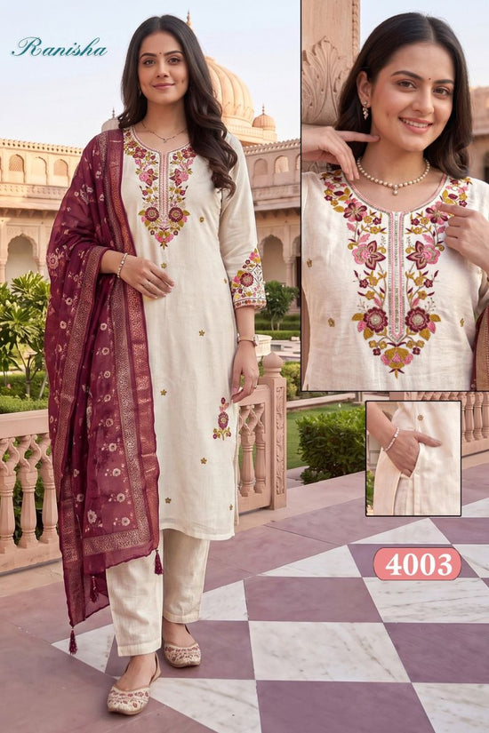 Amrah Wholesale Ranisa Vol 1 Roman Silk Sequence Worked Kurti Pant With Dupatta
