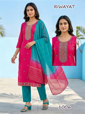 Amrah Riwayat D No 1001 To 08 Roman Silk Kurti Pant Dupatta Set