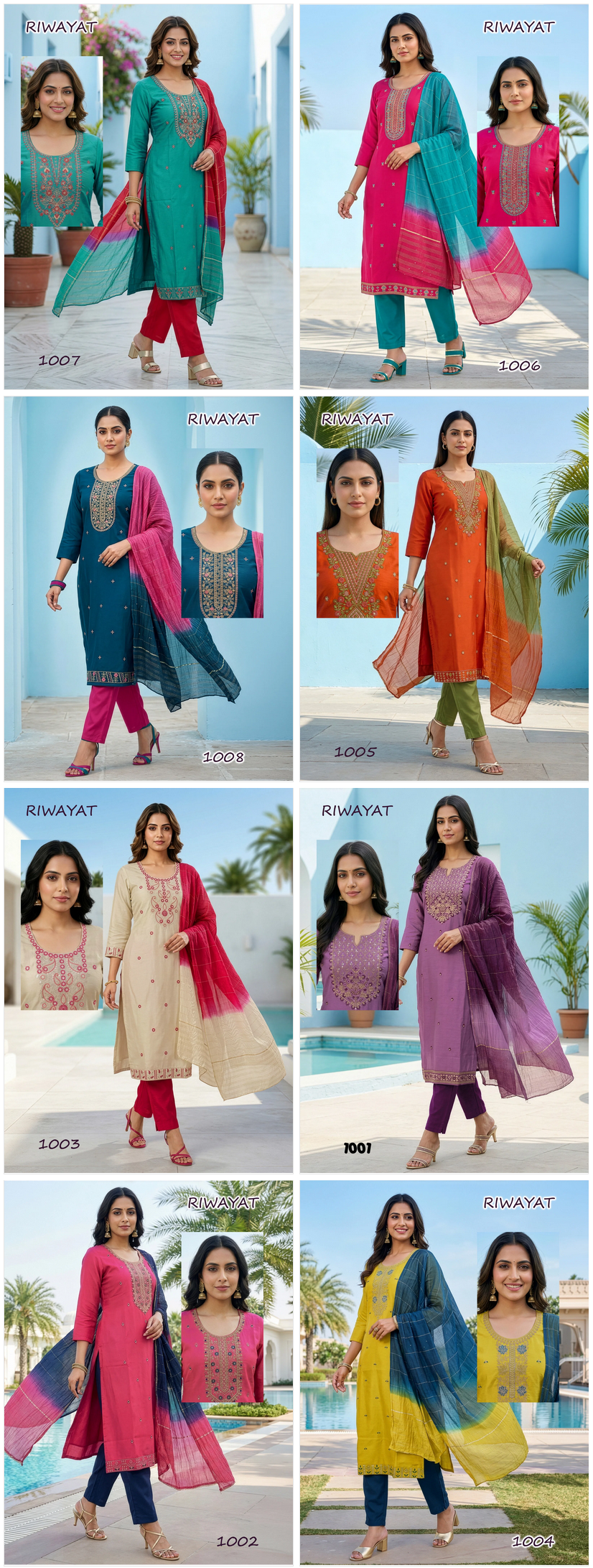 Amrah Riwayat D No 1001 To 08 Roman Silk Kurti Pant Dupatta Set