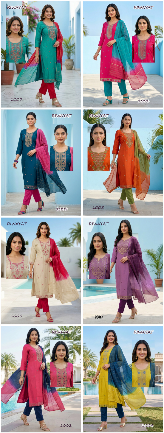 Amrah Riwayat D No 1001 To 08 Roman Silk Kurti Pant Dupatta Set