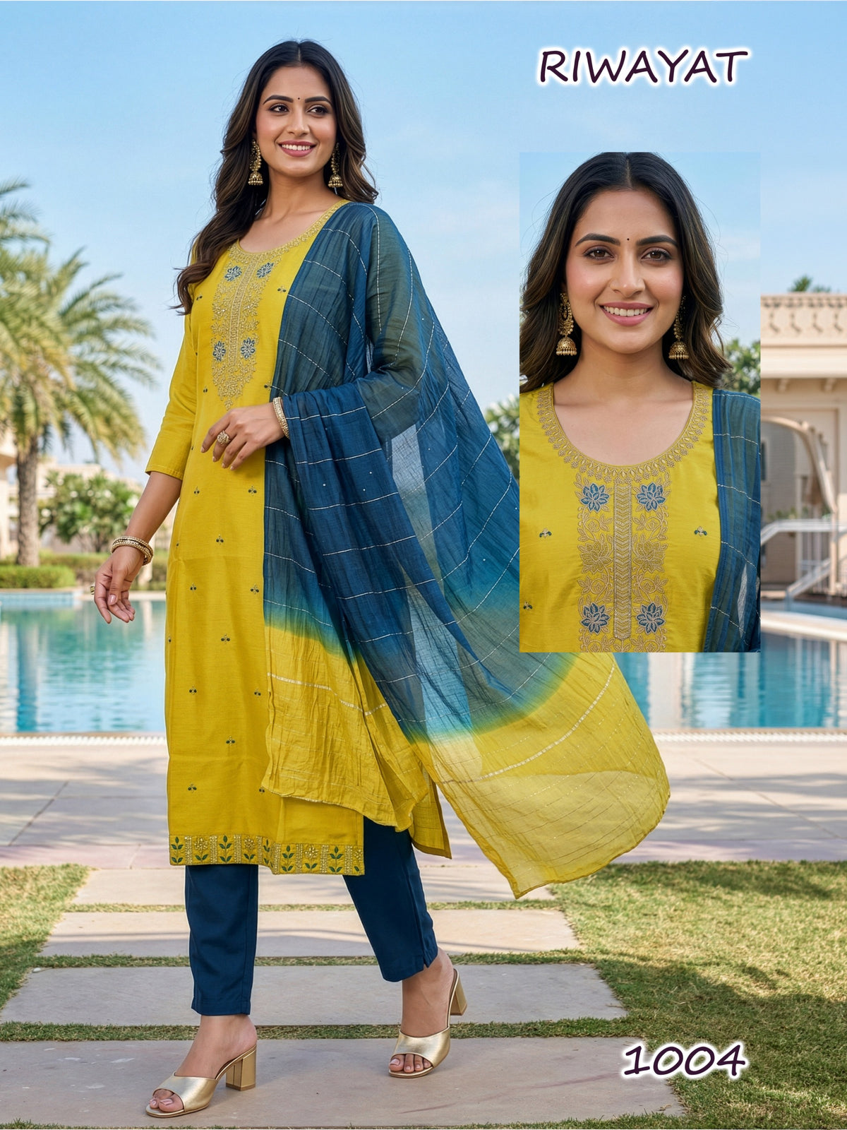 Amrah Riwayat D No 1001 To 08 Roman Silk Kurti Pant Dupatta Set