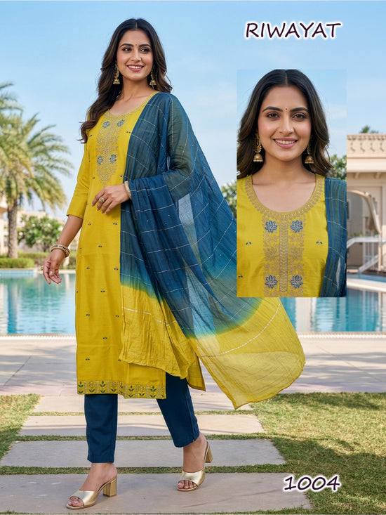 Amrah Riwayat D No 1001 To 08 Roman Silk Kurti Pant Dupatta Set