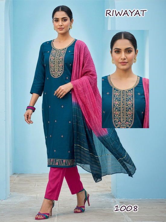 Amrah Riwayat D No 1001 To 08 Roman Silk Kurti Pant Dupatta Set