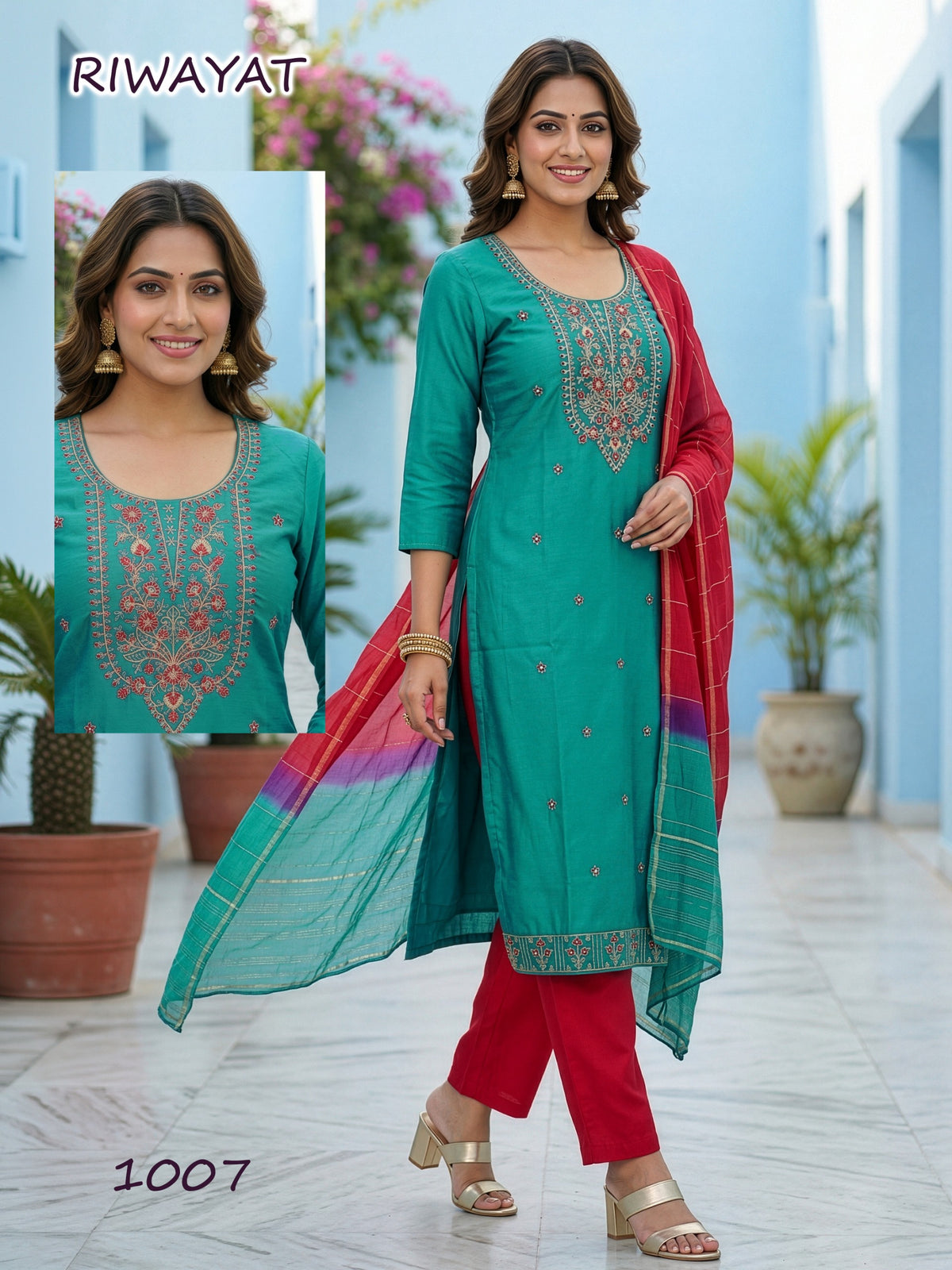 Amrah Riwayat D No 1001 To 08 Roman Silk Kurti Pant Dupatta Set