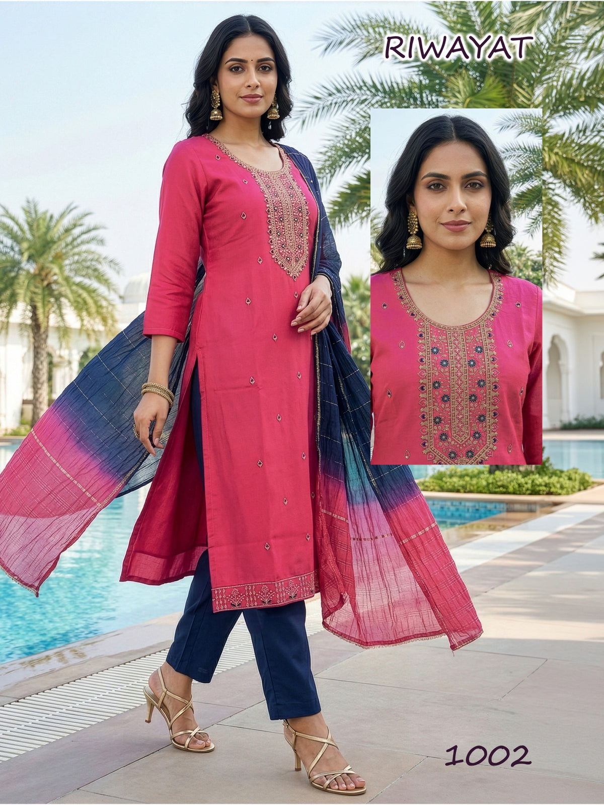 Amrah Riwayat D No 1001 To 08 Roman Silk Kurti Pant Dupatta Set