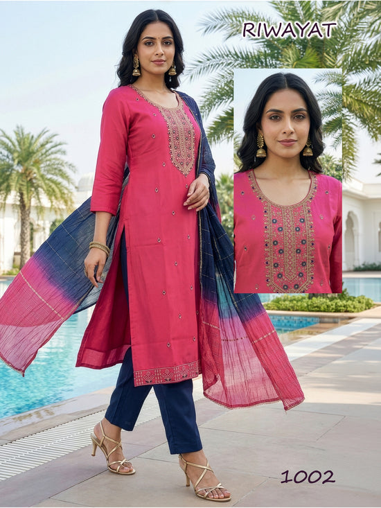 Amrah Riwayat D No 1001 To 08 Roman Silk Kurti Pant Dupatta Set