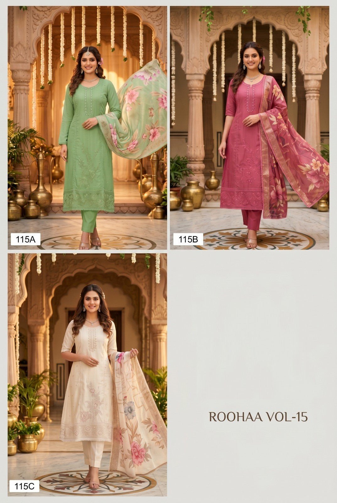 Amrah Roohaa Vol 15 Organza Embroidered Kurti Pant Dupatta Set - Amrah Wholesale