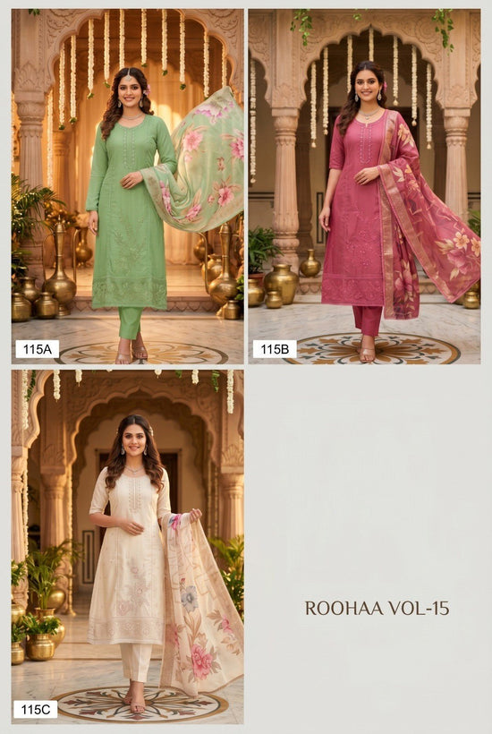 Amrah Roohaa Vol 15 Organza Embroidered Kurti Pant Dupatta Set - Amrah Wholesale