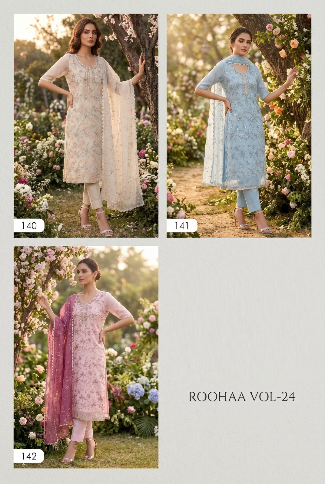 Amrah Wholesale Roohaa Vol 24 Organza Kurti Pant Dupatta Set