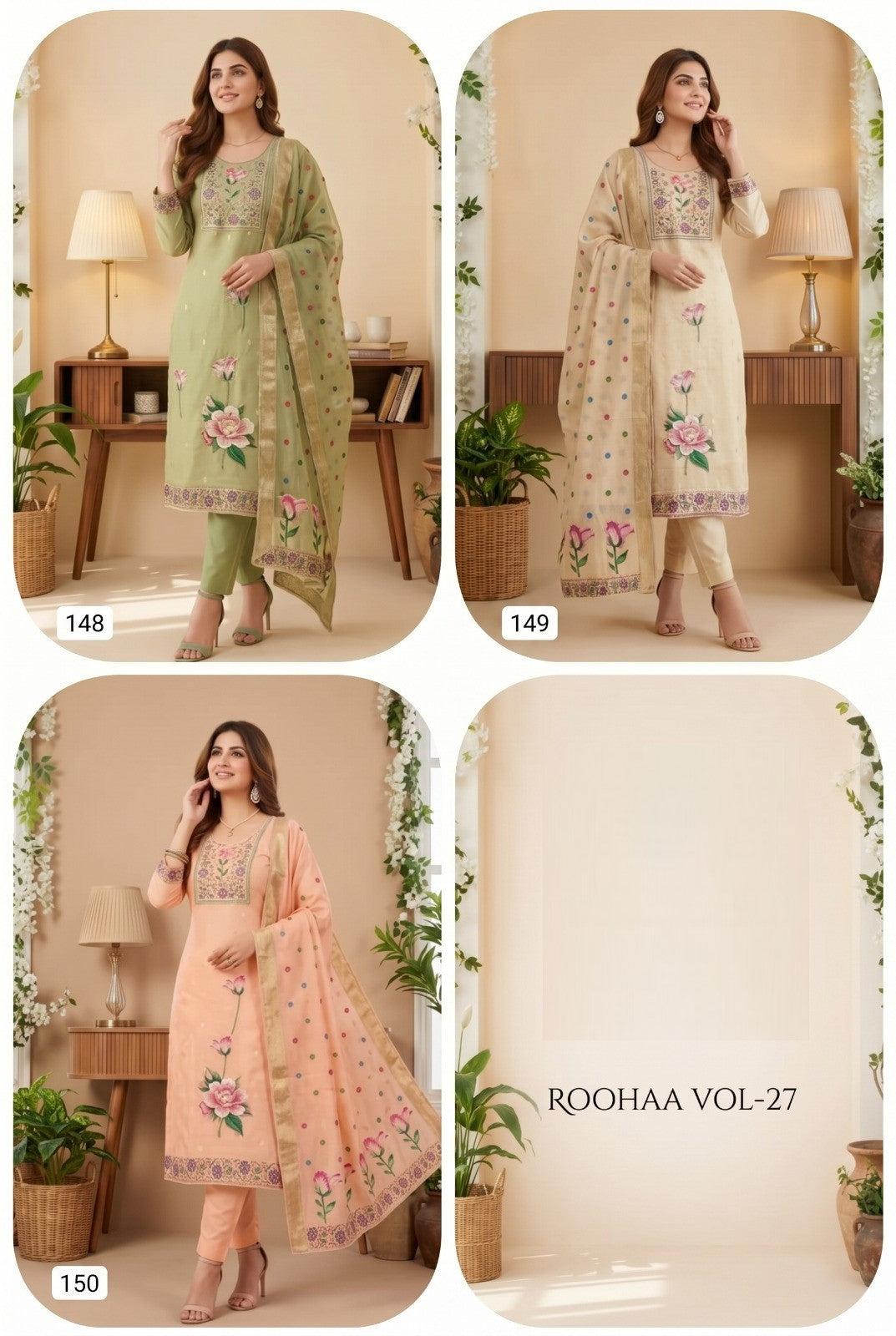 Amrah Wholesale Roohaa Vol 27 Banarasi Cotton Kurti Pant Dupatta Set