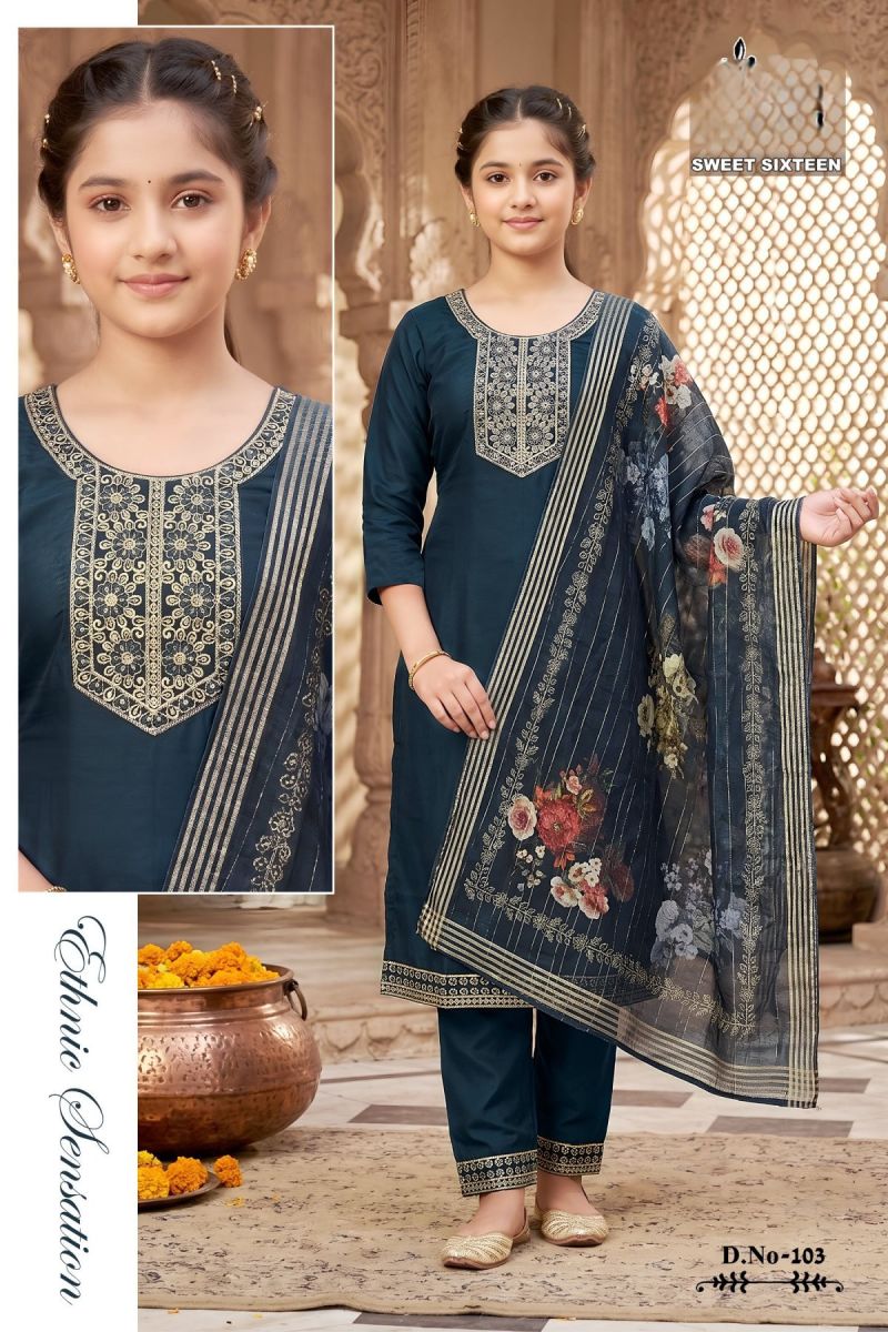 Amrah Sweet Sixteen Vol 5 Roman Silk Embroidered Kids Kurti Set