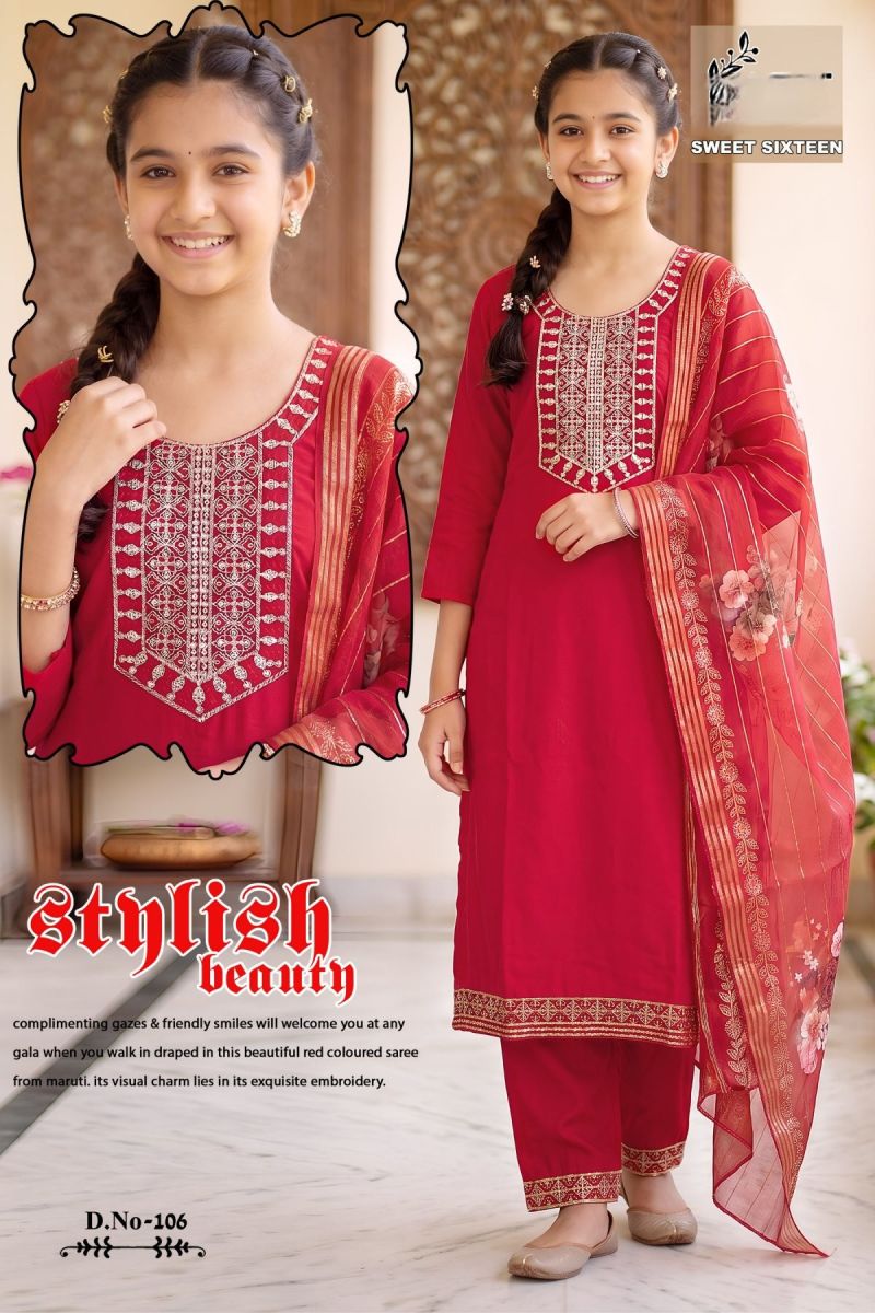 Amrah Sweet Sixteen Vol 5 Roman Silk Embroidered Kids Kurti Set