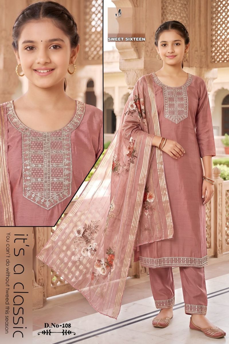Amrah Sweet Sixteen Vol 5 Roman Silk Embroidered Kids Kurti Set