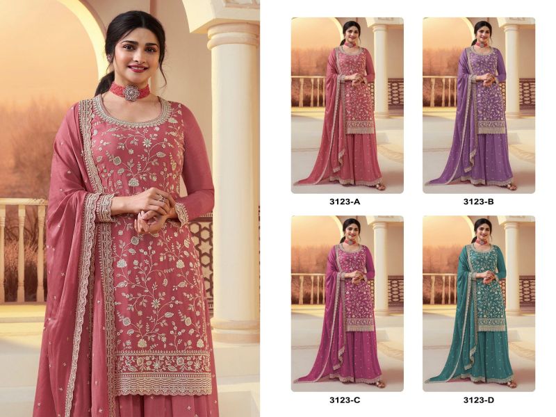 Amrah Wholesale 3123 A To D Master Colors Chinon Heavy Embroidered Pakistani Suit Set - Amrah Wholesale