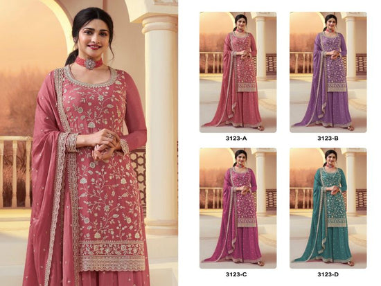 Amrah Wholesale 3123 A To D Master Colors Chinon Heavy Embroidered Pakistani Suit Set - Amrah Wholesale