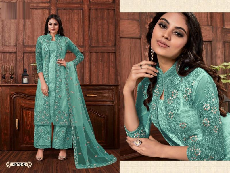 Amrah Wholesale 4570 Master Colors Butterfly Net Embroidered Dress Material